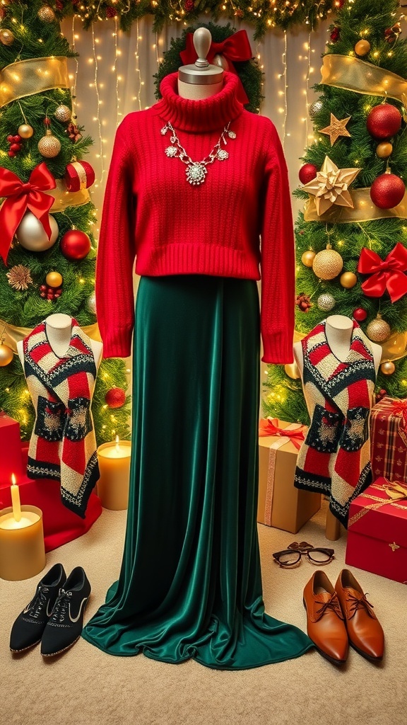 Festive Christmas Outfit Ideas for 2024 Stylish Christmas outfits with accessories displayed on a festive background.